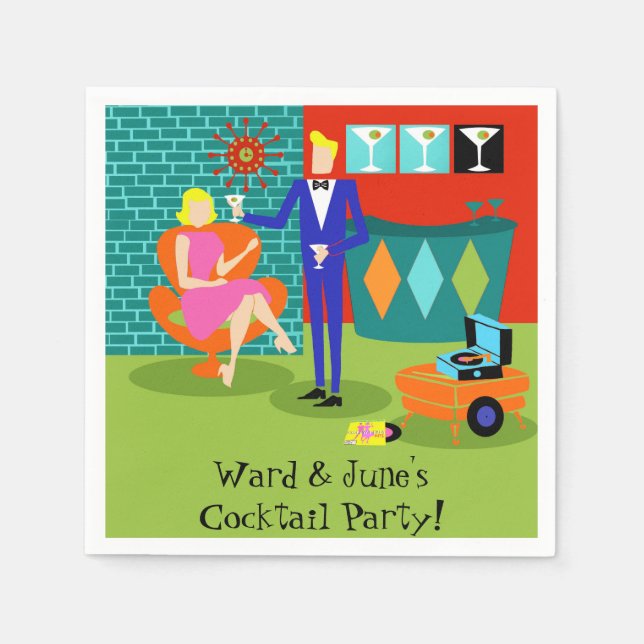 Customisable Retro Martini Couple Paper Napkins (Front)