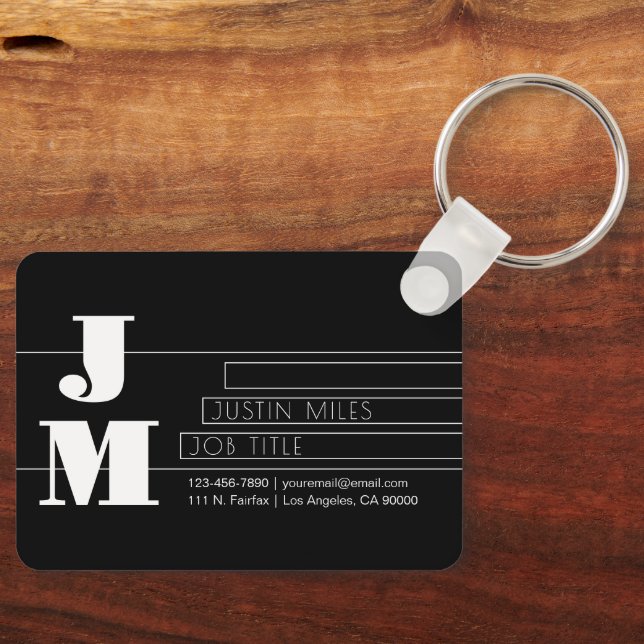 Customisable Retro-modern Black & White Monogram Key Ring (Front)