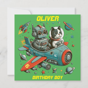 Customisable Retro Robot and Cat in Space Invitation