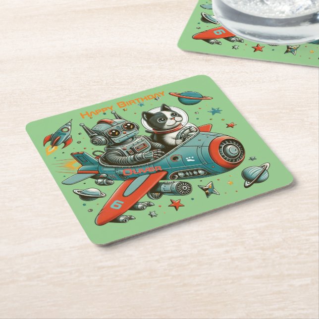Customisable Retro Robot and Cat in Space Square Paper Coaster (Angled)