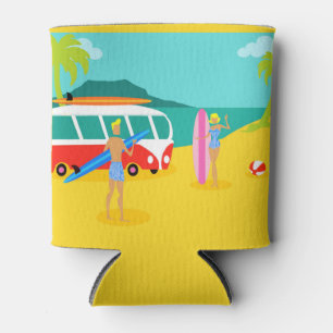 Customisable Retro Surfer Couple Can Cooler