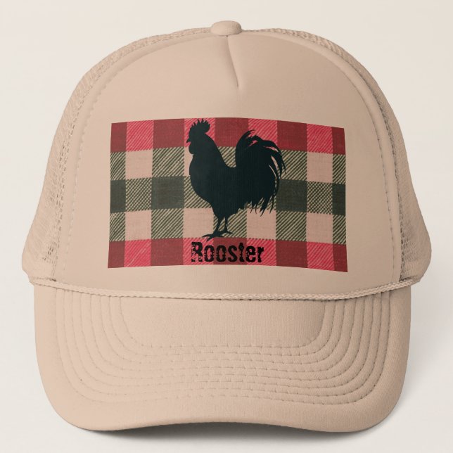 Customisable Rooster Farmhouse Gingham Trucker Hat (Front)