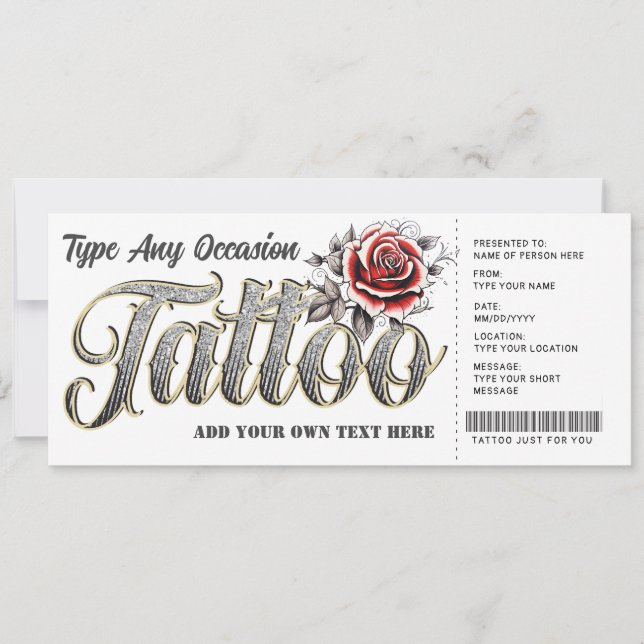 Customisable Rose Tattoo Gift Certificate Ticket Invitation (Front)