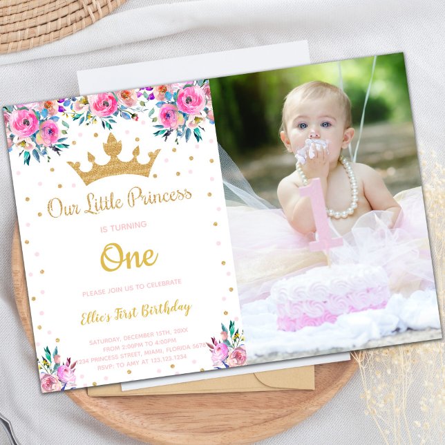 Customisable Royal Party Invitations for Kids (Photo Crown Glitter Princess Birthday Invitations)