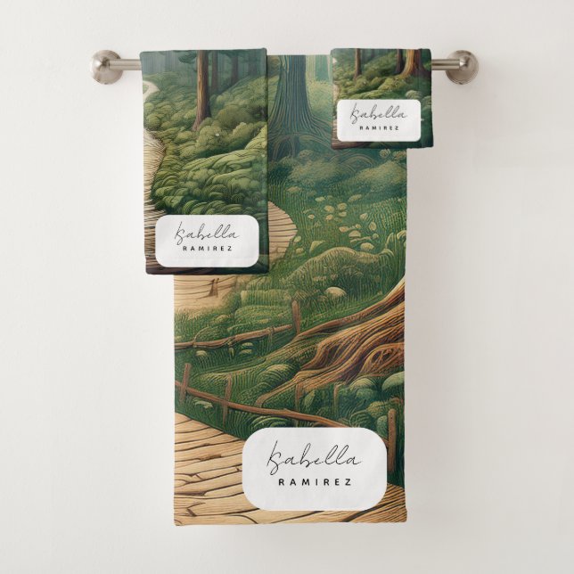 Customisable Rustic Forest Path with Name Bath Towel Set (Insitu)