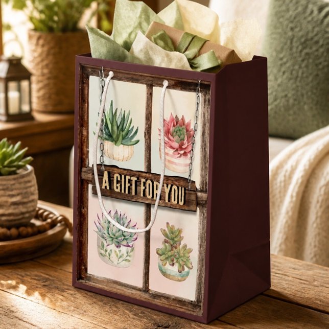 Customisable Rustic Four Potted Succulents Medium Gift Bag (Creator Uploaded)
