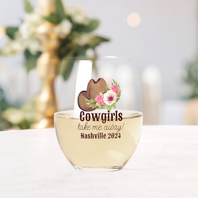 Customisable Rustic Pink Floral Cowgirl  Stemless Wine Glass (Insitu (Wedding))
