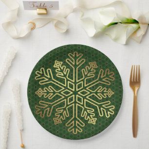 Customisable Sage Green & Gold Snowflake Paper Plate