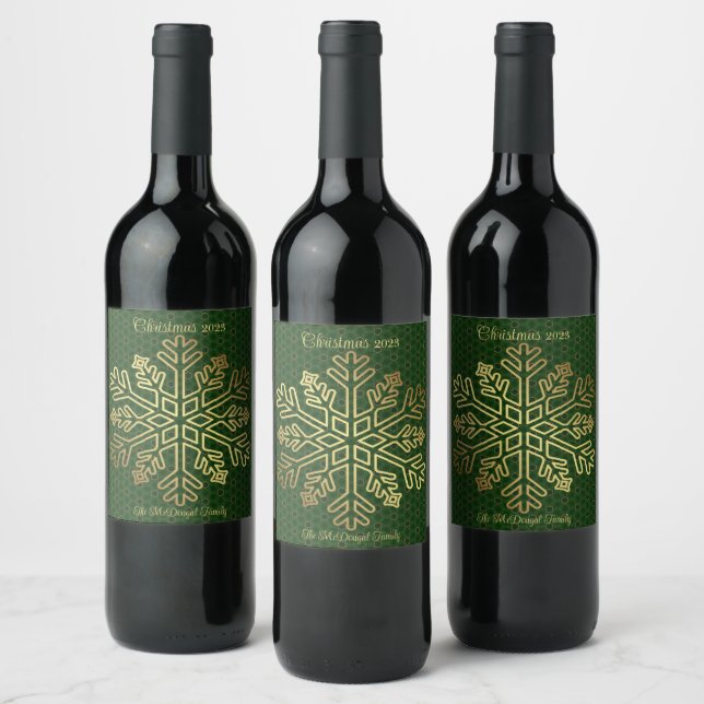 Customisable Sage Green & Gold Snowflake Wine Label (Bottles)