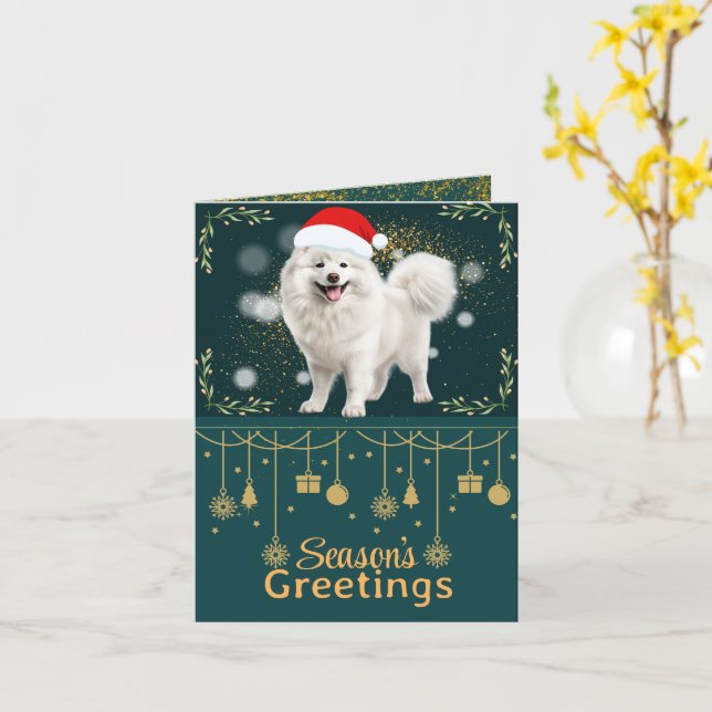 Customisable Samoyed Gold Christmas Greeting Card (Yellow Flower)