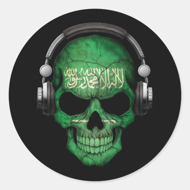 Customisable Saudi Arabian Dj Skull with Headphone Classic Round Sticker (Front)