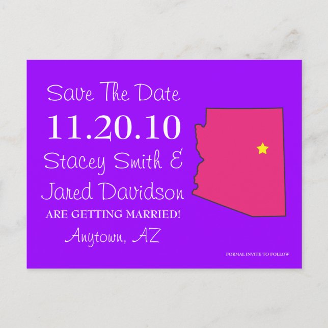 Customisable Save the Date State - ARIZONA Announcement Postcard (Front)