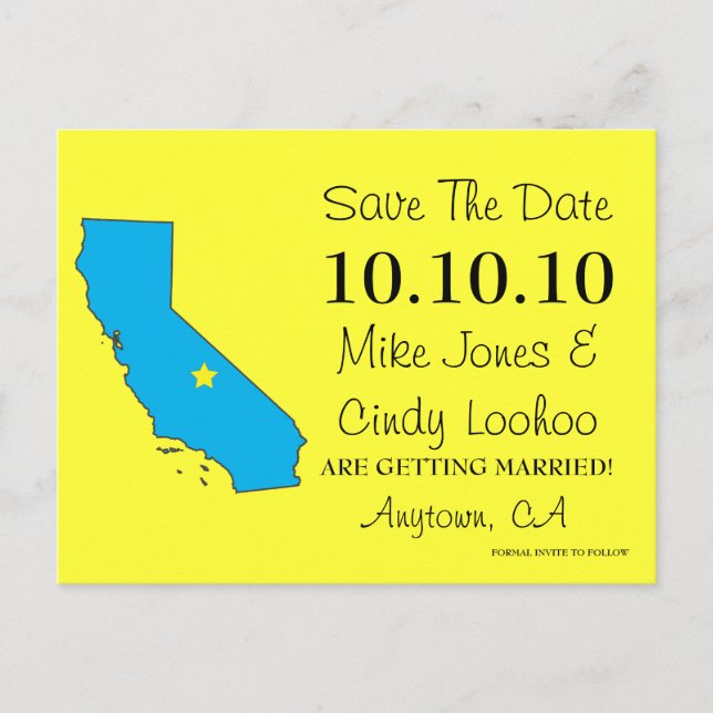 Customisable Save the Date State - CALIFORNIA Announcement Postcard (Front)