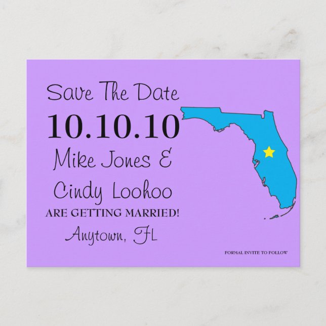 Customisable Save the Date State - FLORIDA Announcement Postcard (Front)