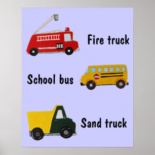 Customisable school bus, fire and sand truck poster