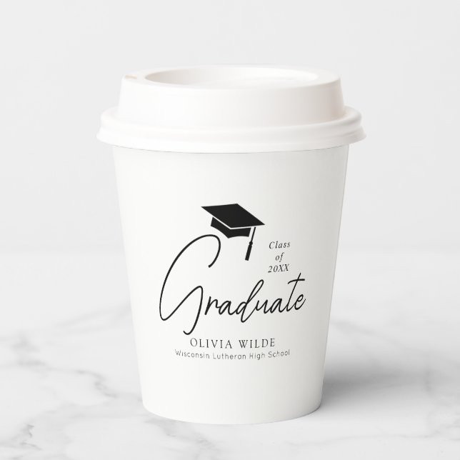 Customisable Script Black & White Graduation 8oz Paper Cups (Back)