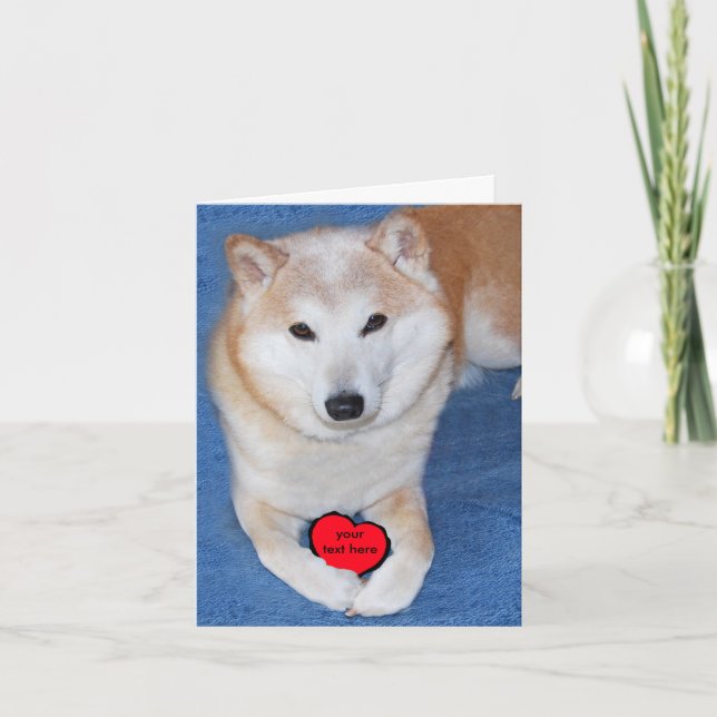 Customisable Shiba Inu Dog with Red Heart Holiday Card (Front)