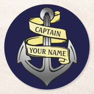 Customisable Ship Captain Your Name Anchor Round Paper Coaster