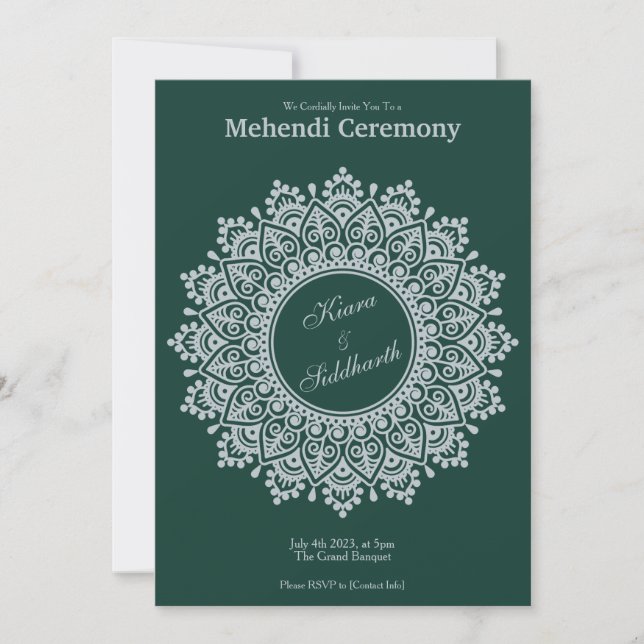 Customisable Silver Emerald Mehendi Henna Indian Invitation (Front)