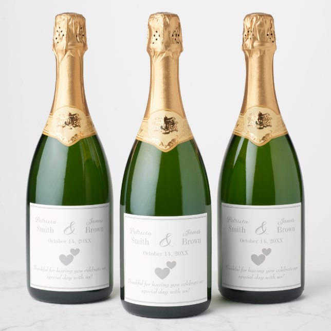 Customisable Silver Hearts Wedding, Anniversaries Sparkling Wine Label (Bottles)