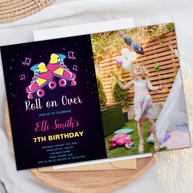 Customisable Skating Party Invitations for Kids (Pink Yellow Skate Invitations with photo)