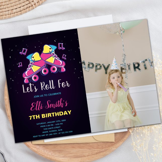 Customisable Skating Party Invitations for Kids (Pink Skate invitations with photo)