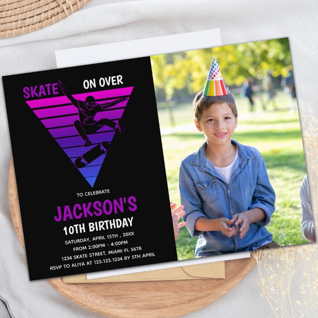 Customisable Skating Party Invitations for Kids (Purple Blue Skateboards Birthday Invitations photo)