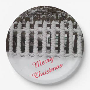 Customisable snow on a picket fence with text paper plate