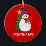 Customisable Snowman and Christmas Tree Ceramic Tree Decoration<br><div class="desc">Snowman and Christmas Tree Ornament on a red background.</div>