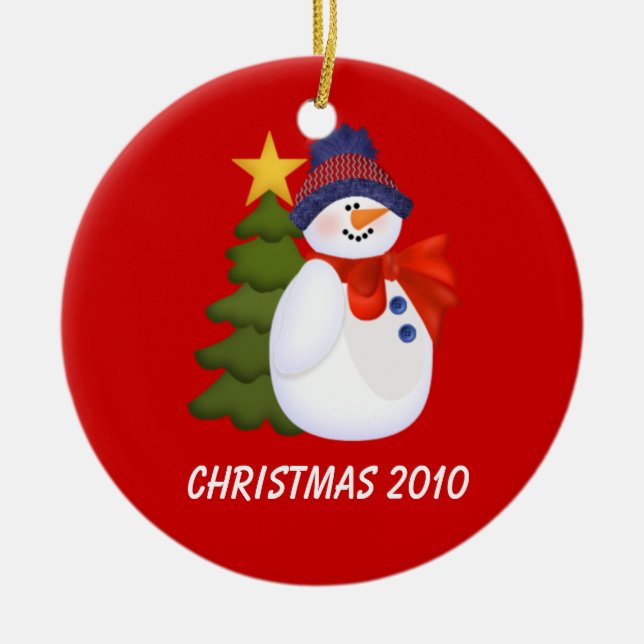Customisable Snowman and Christmas Tree Ceramic Tree Decoration (Front)