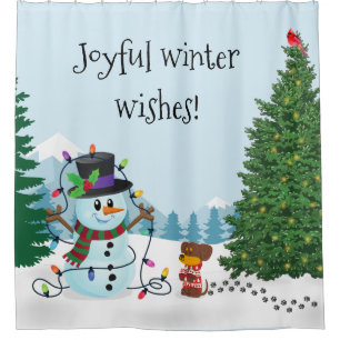 Customisable Snowman Pup Christmas Shower Curtain