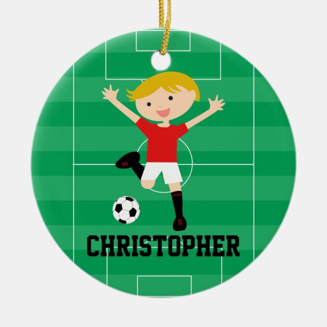 Customisable Soccer Boy 1 Red and White Ceramic Tree Decoration (Front)