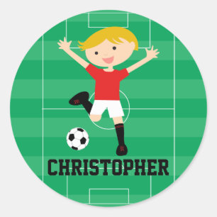Customisable Soccer Boy 1 Red and White Classic Round Sticker