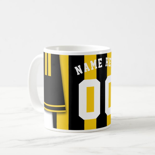 Customisable Soccer Jersey Mug, Black Gold Stripes Coffee Mug (Front Left)