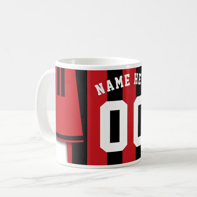 Customisable Soccer Jersey Mug, Black Red Stripes Coffee Mug (Front Left)