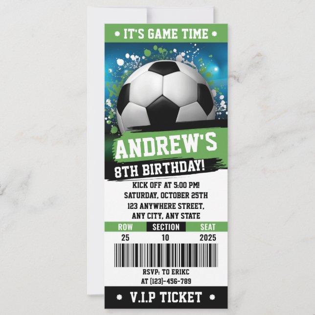 Customisable Soccer Printable Ticket Birthday Invitation (Front)
