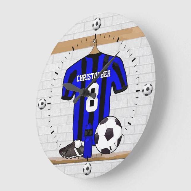 Customisable Soccer Shirt (blue and black ) Large Clock (Angle)