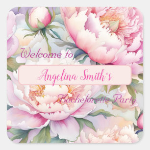 Customisable Soft Pink Peony Bachelorette Party Square Sticker