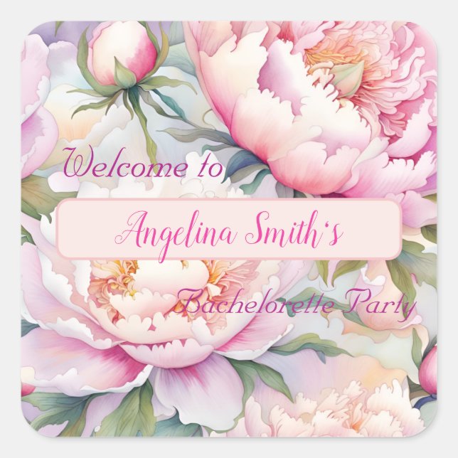 Customisable Soft Pink Peony Bachelorette Party Square Sticker (Front)