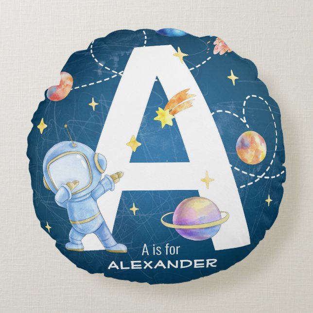 Customisable Space Adventure Letter 'A'  Round Cushion (Front)