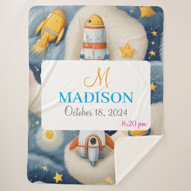 Customisable Space with Name, Monogram & Birthday Sherpa Blanket (Front)