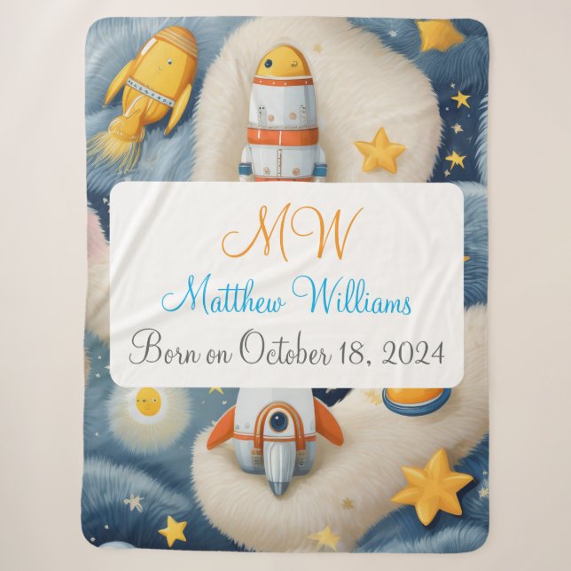 Customisable Space with Name, Monogram & Birthday Sherpa Blanket (Front)