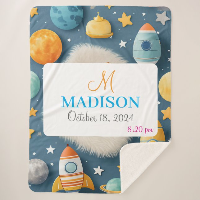 Customisable Space with Name, Monogram & Birthday Sherpa Blanket (Front)