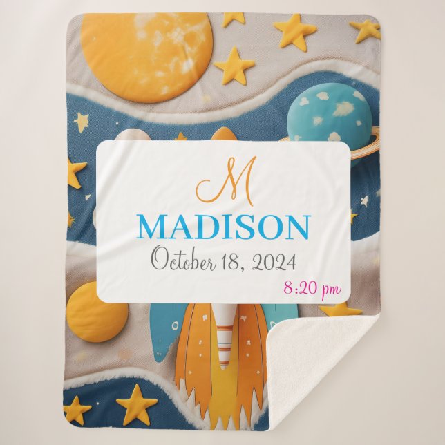 Customisable Space with Name, Monogram & Birthday Sherpa Blanket (Front)