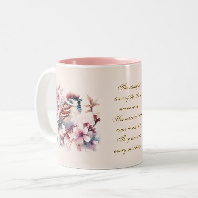 Customisable Sparrow Bible Verse Blush Pink Two-Tone Coffee Mug (Front Left)