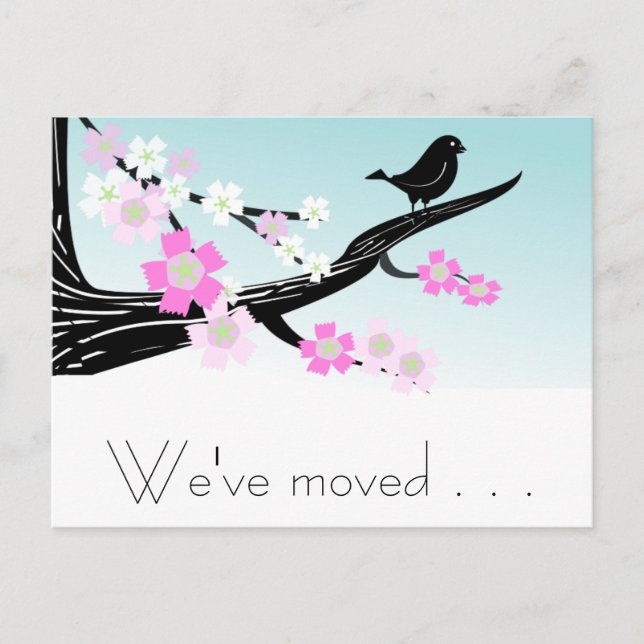 Customisable sparrow bird cherry blossoms graphic announcement postcard (Front)