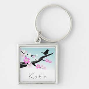 Customisable sparrow bird cherry blossoms graphic key ring