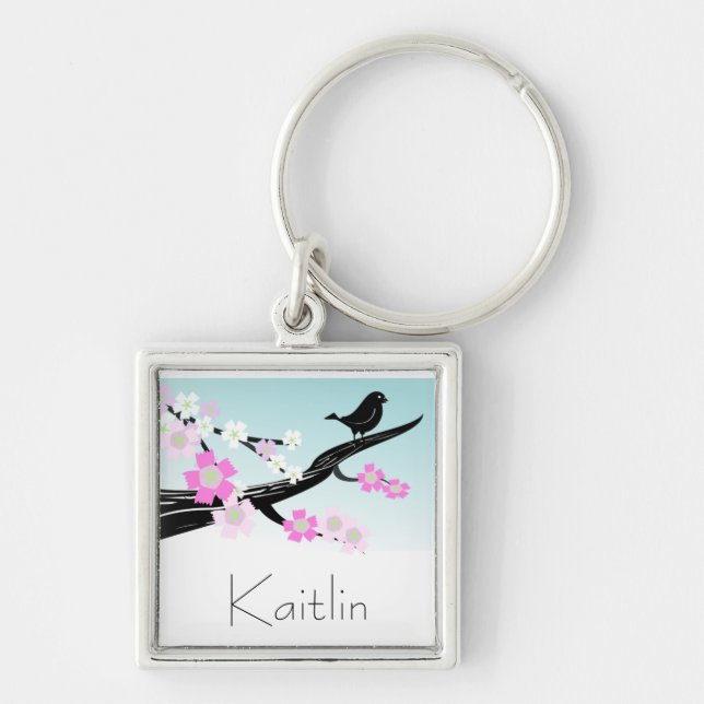 Customisable sparrow bird cherry blossoms graphic key ring (Front)
