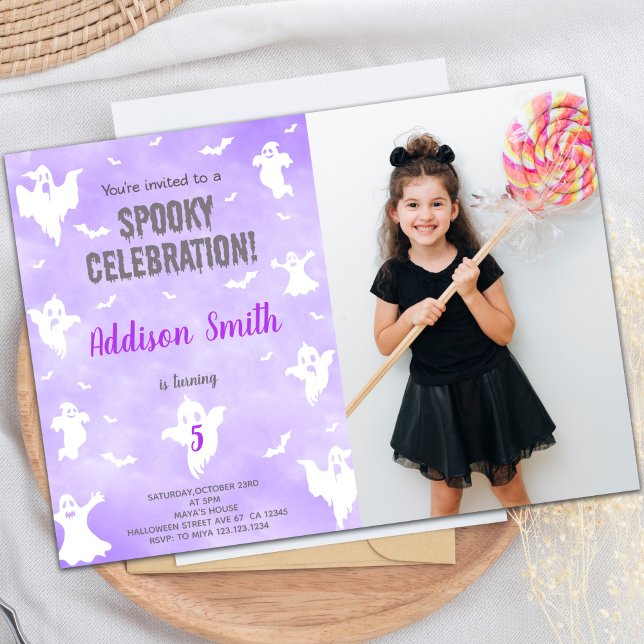 Customisable Spooky Party Invitations for Kids (Purple Halloween Birthday Invitations w photo)