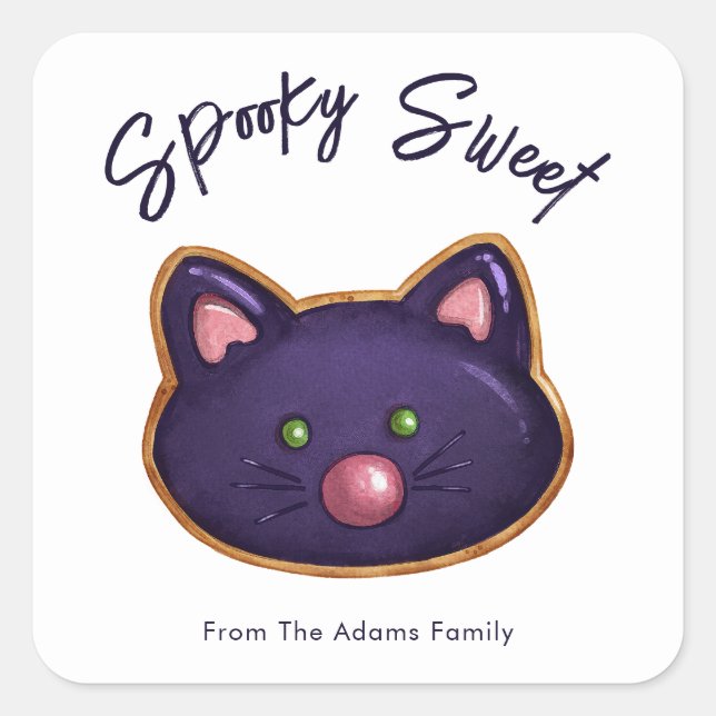 Customisable Spooky Sweet Black Cat Sugar Cookie Square Sticker (Front)